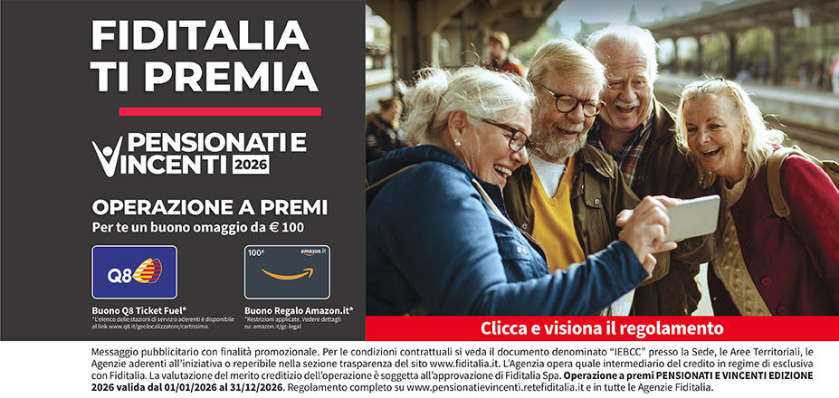 Agenzia Ledin Group srls Fiditalia | Trani, Andria | Fiditalia ti premia - Vicni un omaggio da €100. Operazione a premi. Clicca e visiona il regolamento. Operazione a premi PENSIONATI E VINCENTI 2025 valida dal 01/01/2025 al 31/12/2025. Regolamento completo www.pensionatievincenti.retefiditalia.it