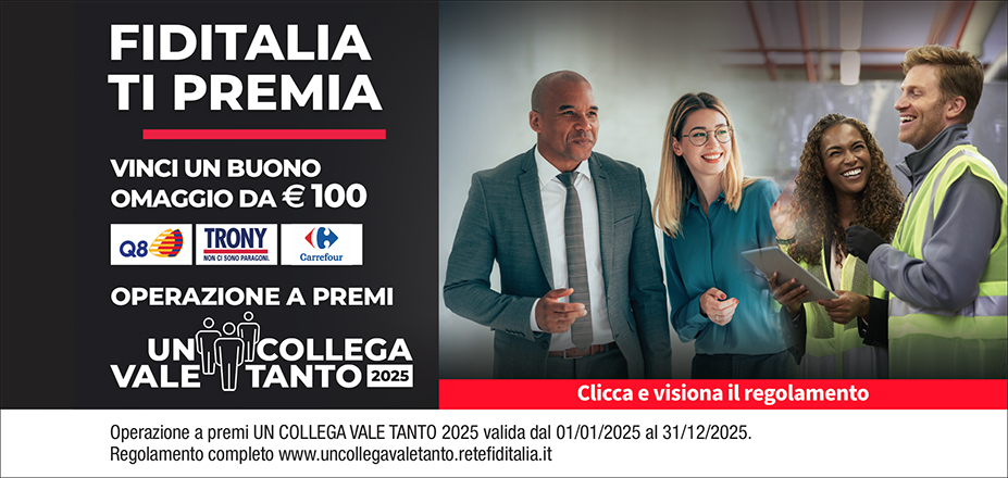 Agenzia Ledin Group srls Fiditalia | Trani, Andria | Fiditalia ti premia - Vinci un buono omaggio da €100. Operazione a premi. Clicca e visiona il regolamento. Operazione a premi UN COLLEGA VALE TANTO 2025 valida dal 01/01/2025 al 31/12/2025. Regolamento completo www.uncollegavaletanto.retefiditalia.it