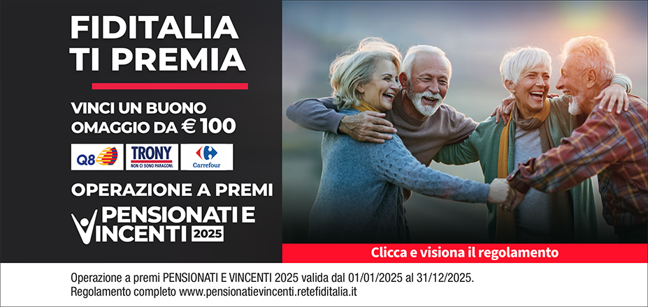 Agenzia Ledin Group srls Fiditalia | Trani, Andria | Fiditalia ti premia - Vicni un omaggio da €100. Operazione a premi. Clicca e visiona il regolamento. Operazione a premi PENSIONATI E VINCENTI 2025 valida dal 01/01/2025 al 31/12/2025. Regolamento completo www.pensionatievincenti.retefiditalia.it